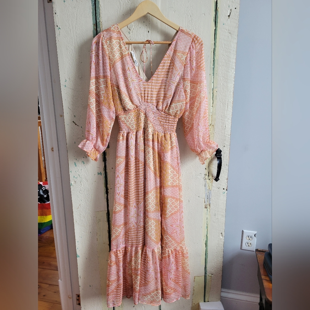 Dex Pink and Peach Printed Maxi Dress with Smocked Waist